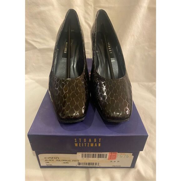 Stuart Weitzman Vintage Black Molorrus Patent Pumps Sz. 9 Snake Ptrn Box - Picture 8 of 8